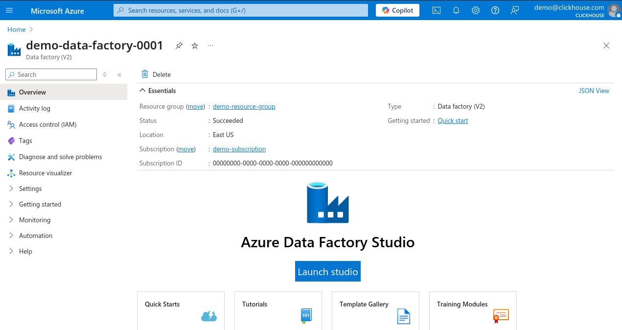 Azure Portal Data Factory Page