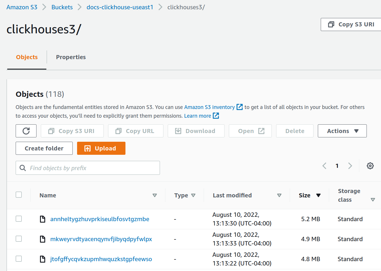 Size of data in second S3 bucket showing storage usage metrics