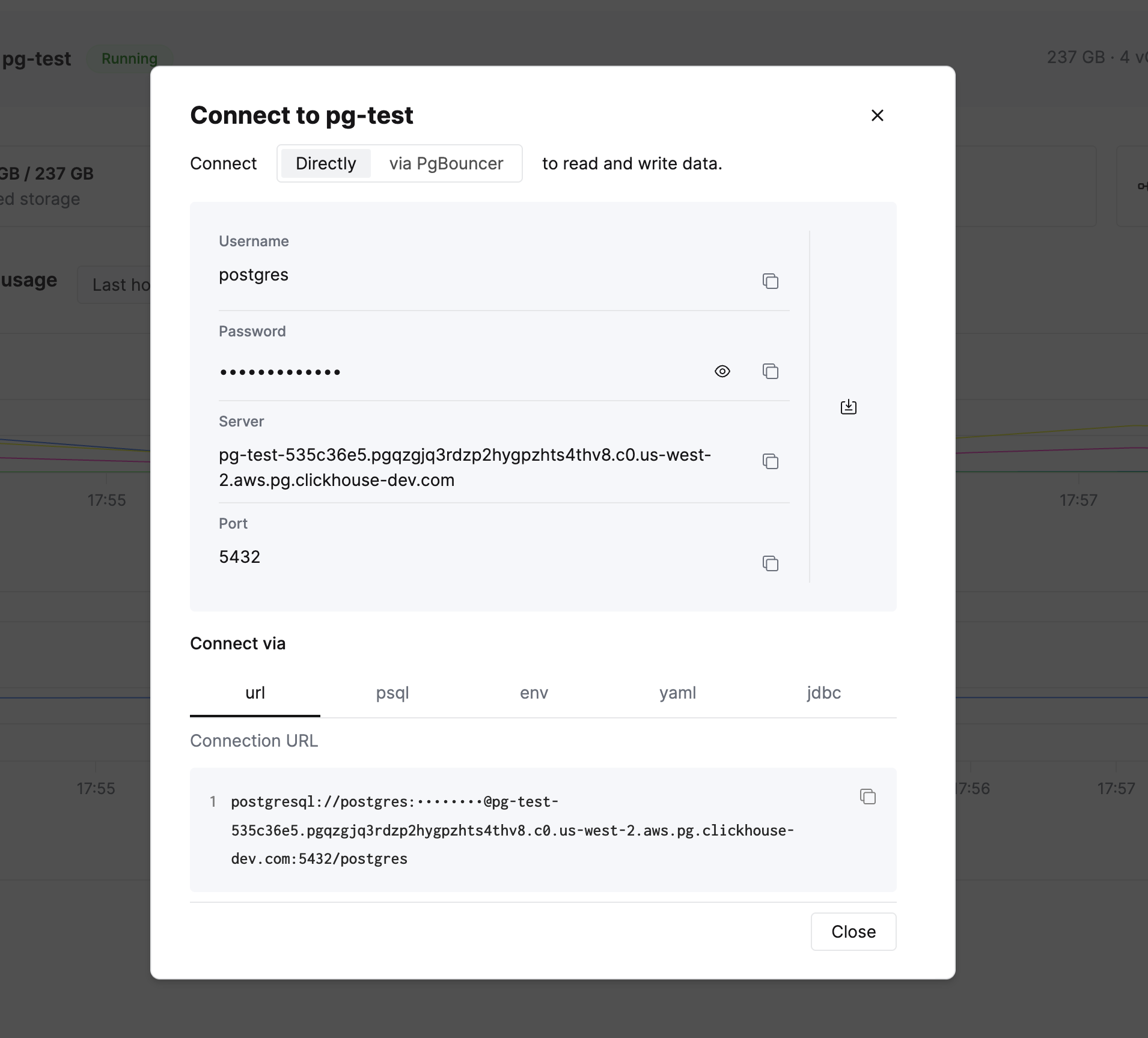 Managed Postgres connect modal