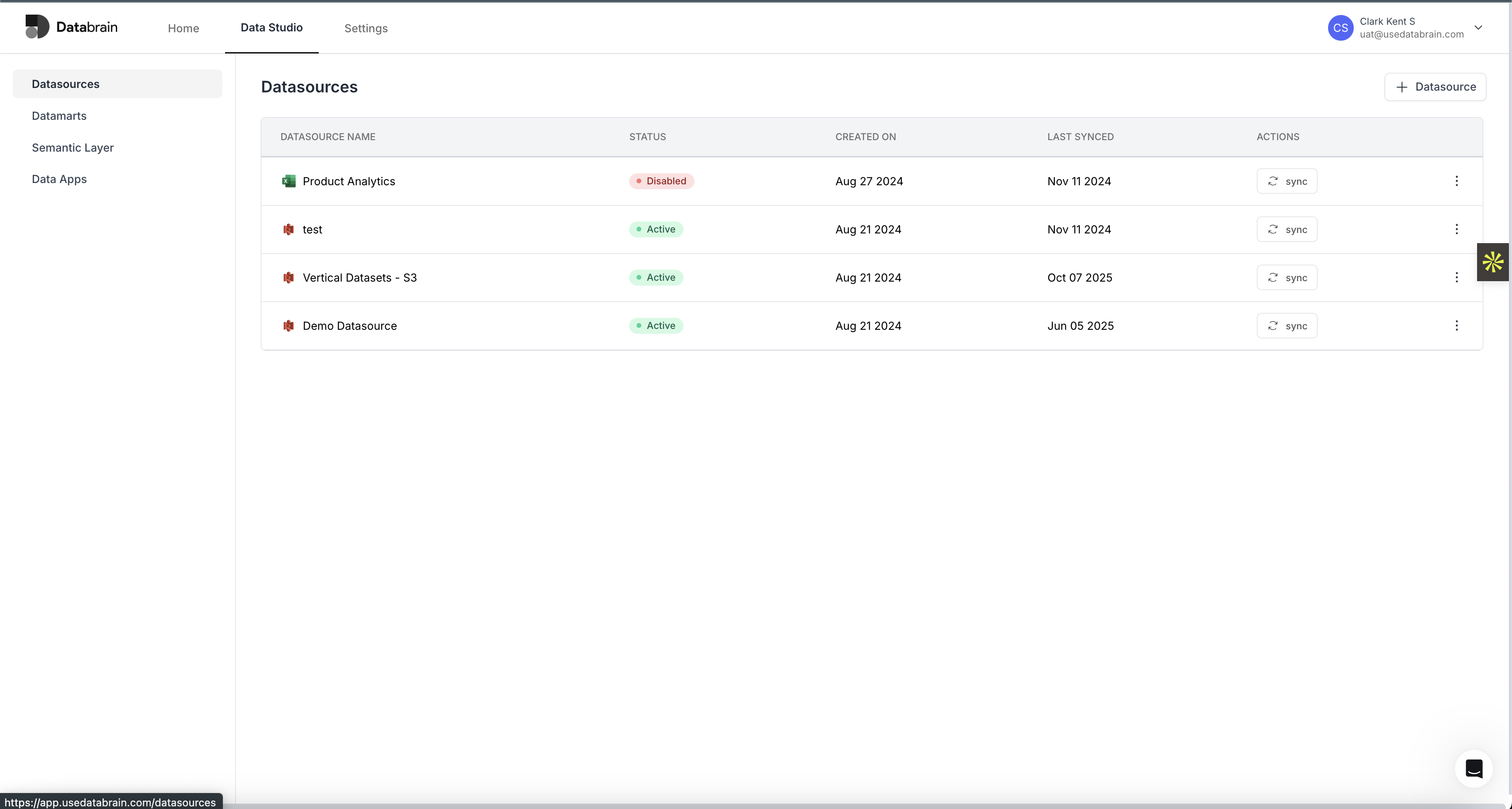 Databrain data sources menu