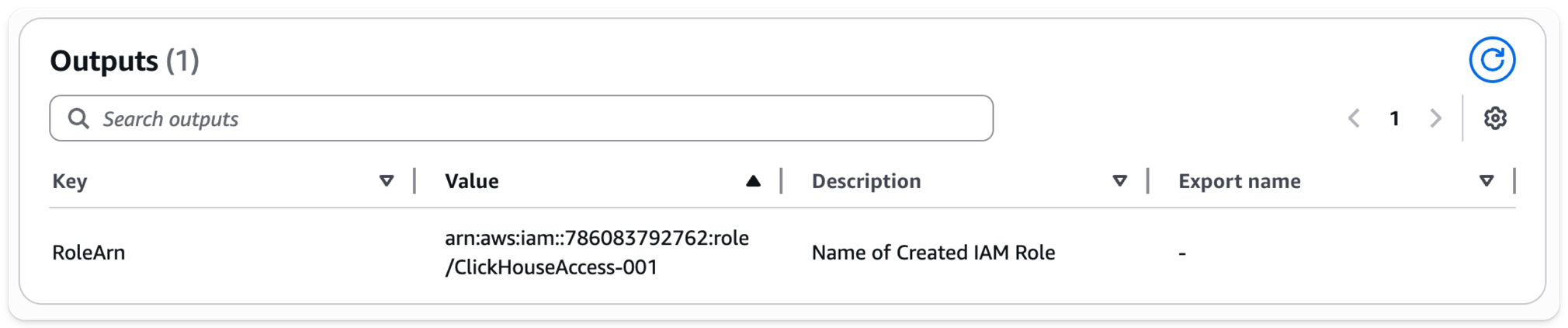 CloudFormation stack output showing IAM Role ARN