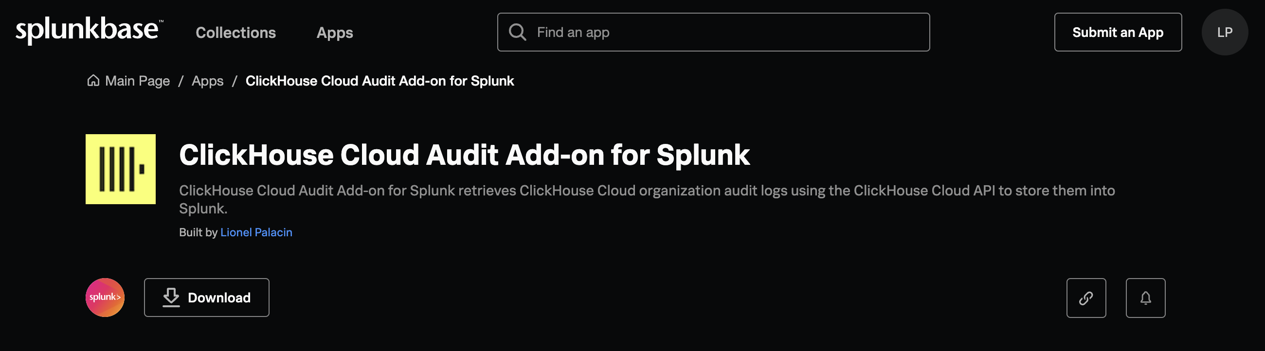 Splunkbase website showing the ClickHouse Cloud Audit Add-on for Splunk download page